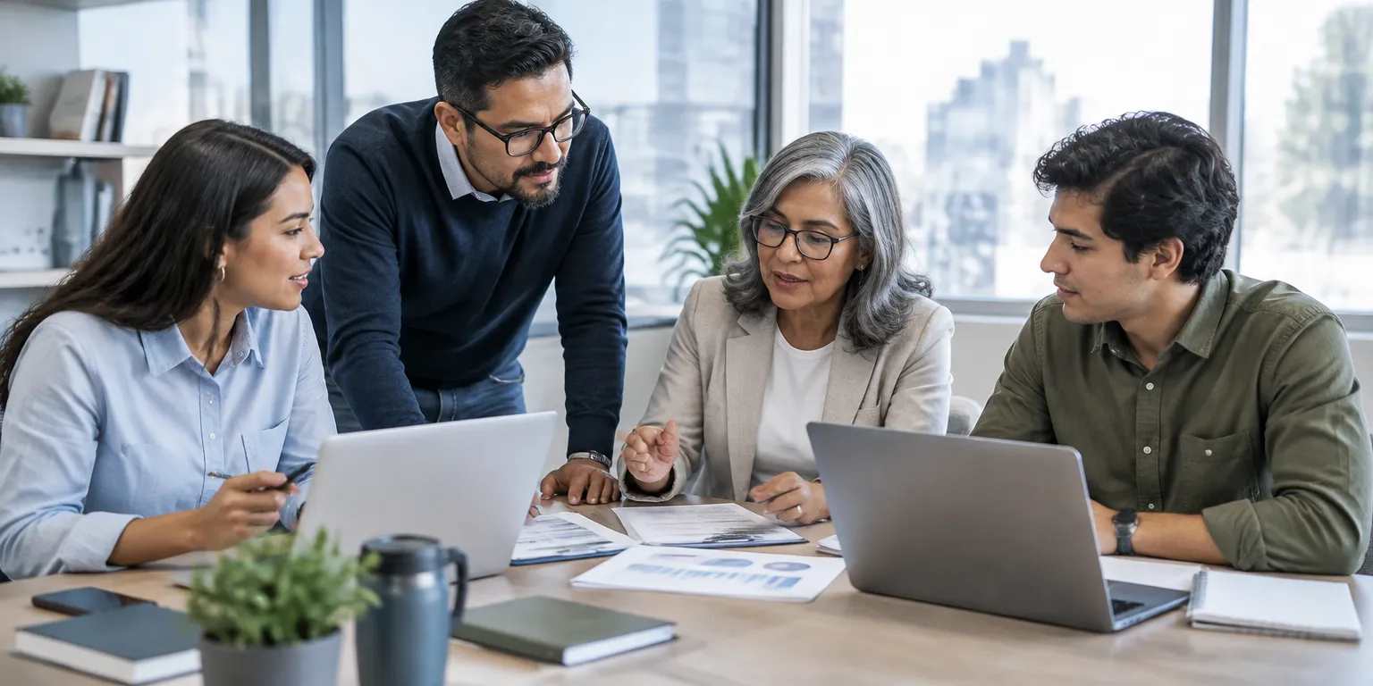 Equipo multidisciplinario de profesionales latinos colaborando alrededor de una mesa de trabajo
