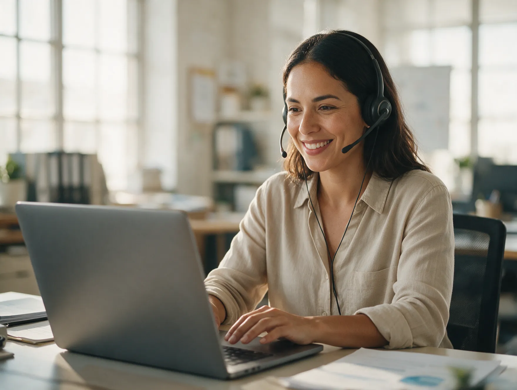 Profesional latina con auriculares atendiendo una videollamada frente a su laptop