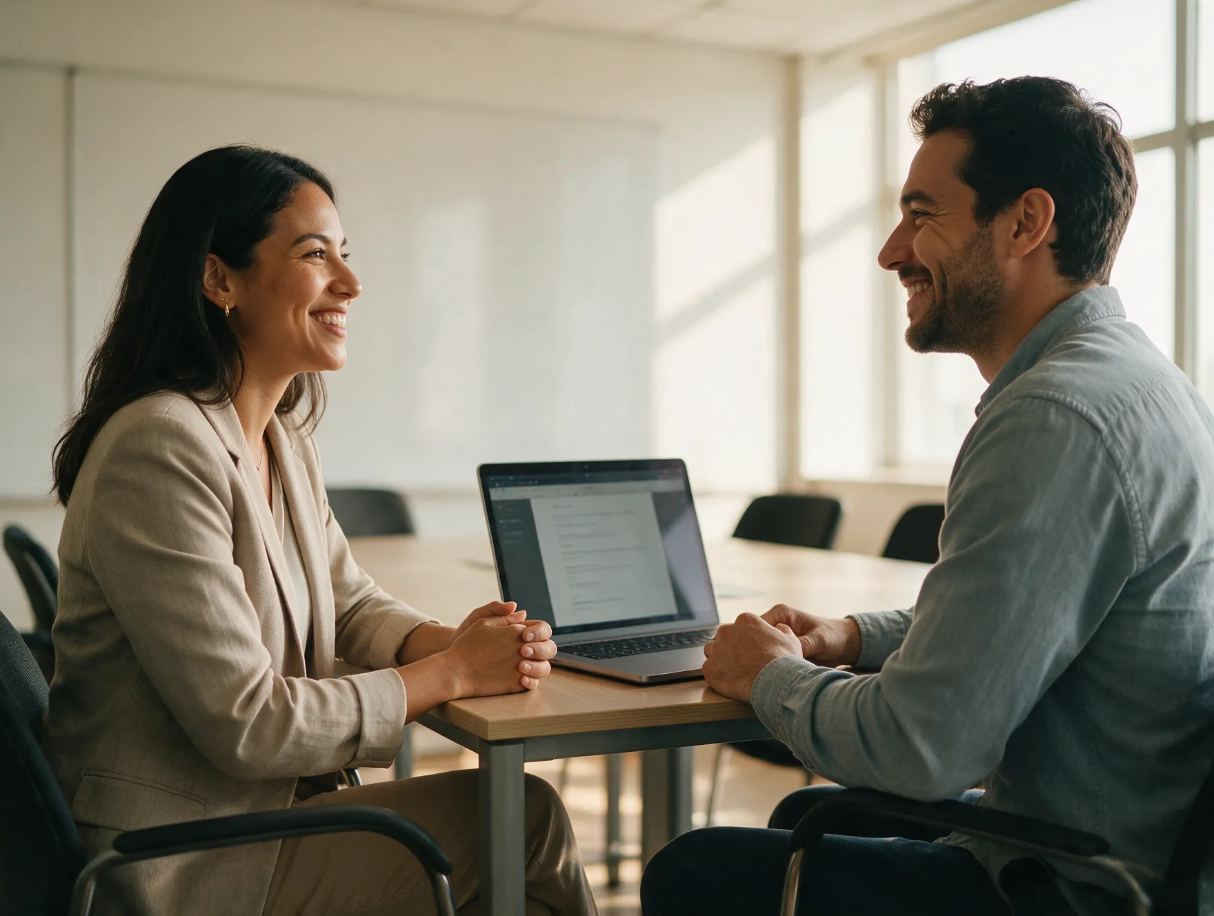 Consultora y cliente latinos sonriendo durante una reunión de trabajo en una sala luminosa