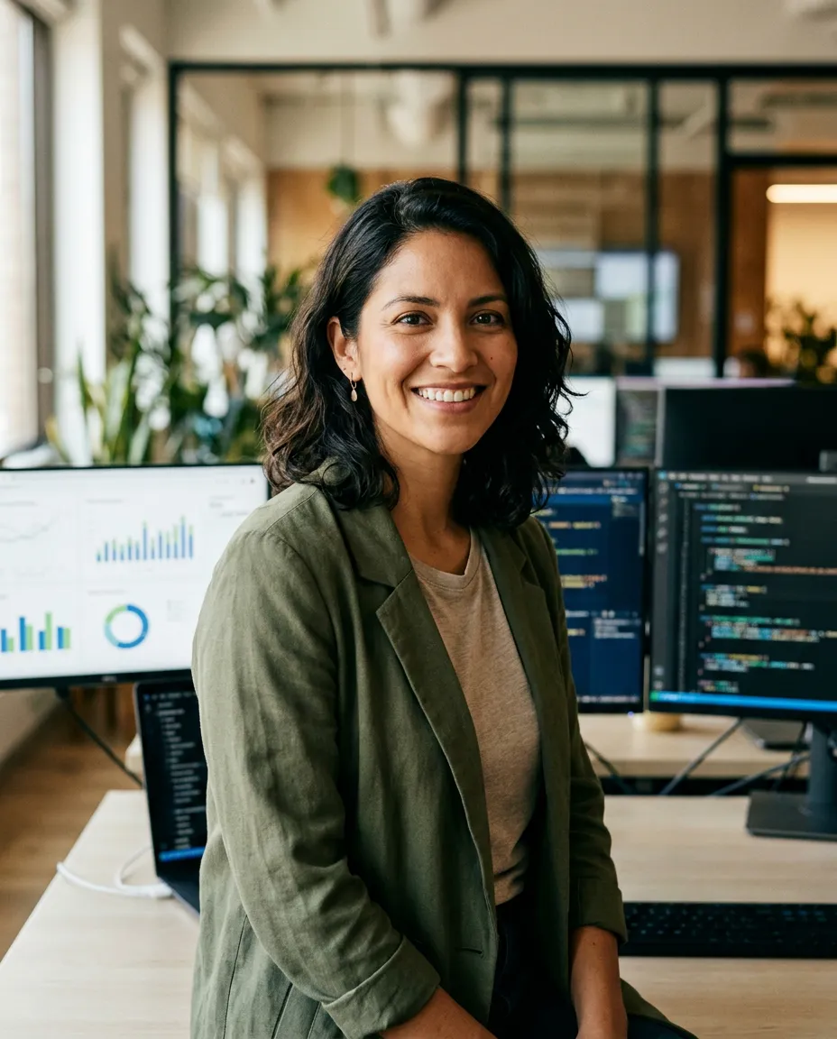 Ingeniera de datos latina sonriendo frente a pantallas con gráficos y código