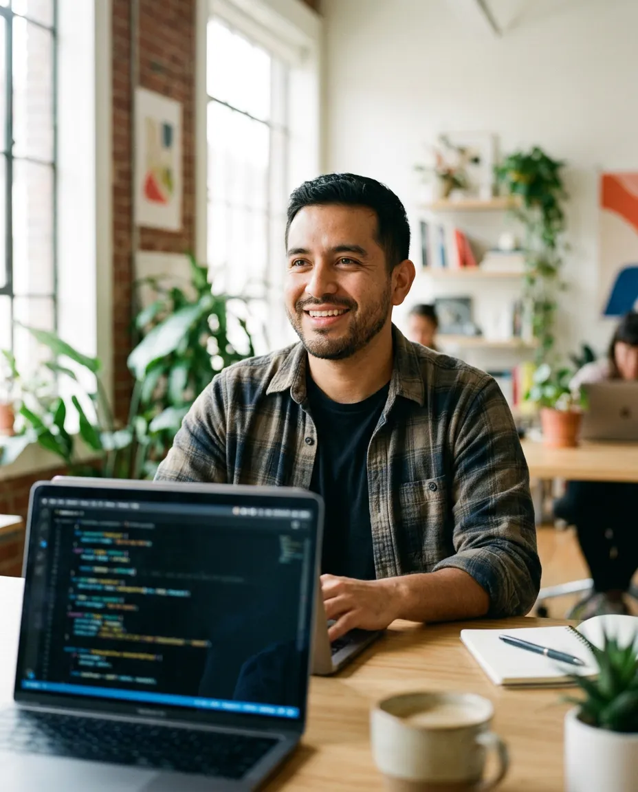 Desarrollador latino sonriendo frente a una laptop con código
