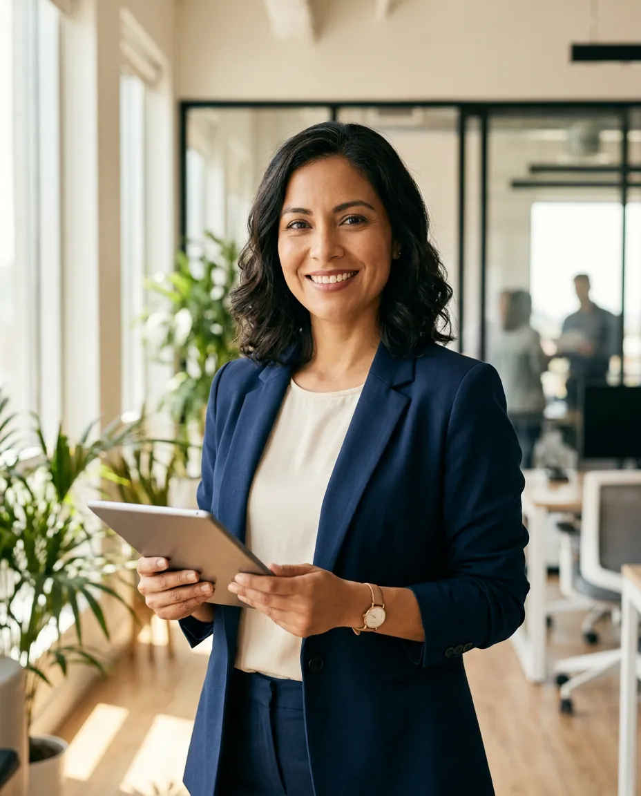 Ejecutiva latina sonriendo con una tablet en una oficina luminosa